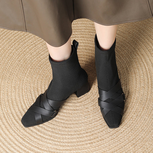 Cross Belt Buckle Square Toe Sleeve Boots