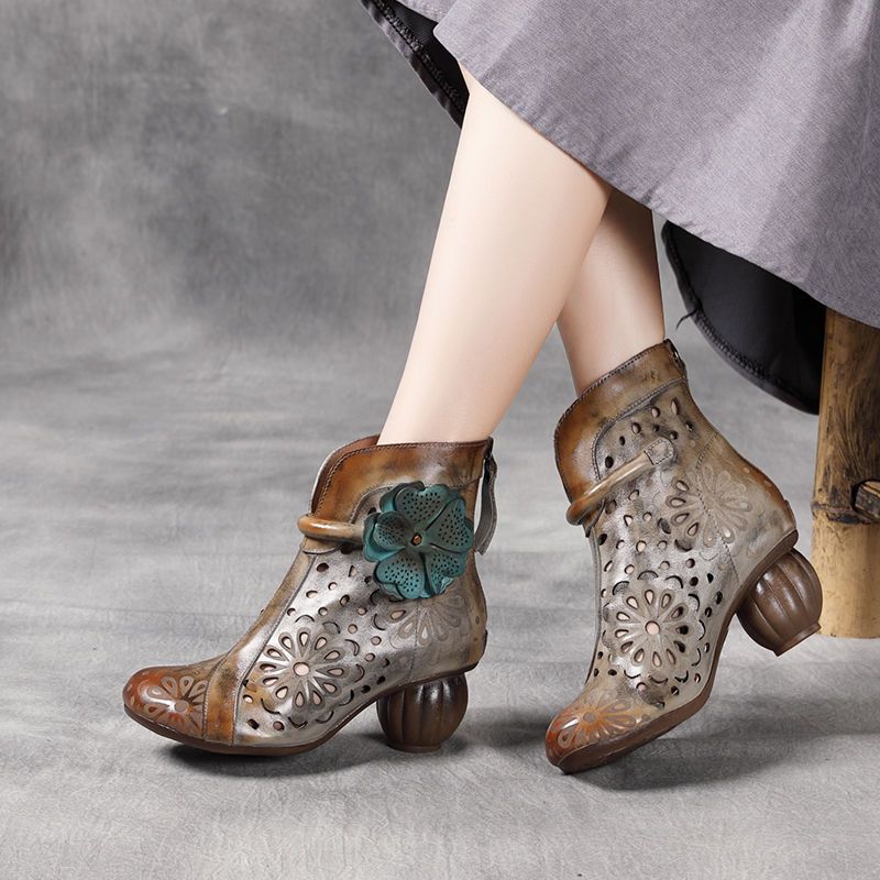 Women's Authentic Hollow Out Roman Comfortable Round Toe Cowhide High Heeled Sandals