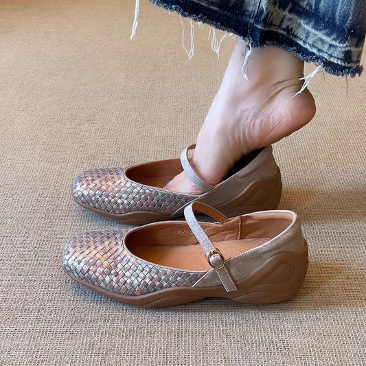 Round Head Woven Shallow Mouth With Sports Style Thick Bottom Women's Casual Shoes