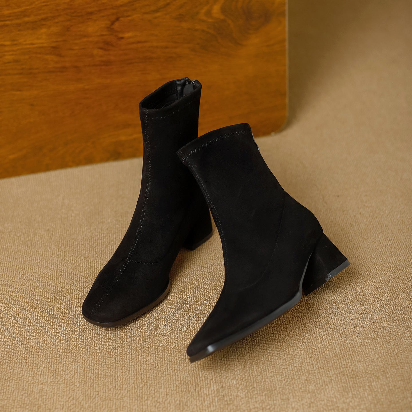 Women's French Square Toe Chunky Suede Ankle Boots