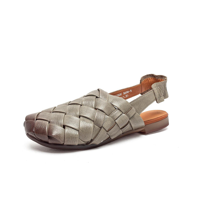 Women's First Layer Cowhide Hand-woven Closed Toe Flat Back Sandals