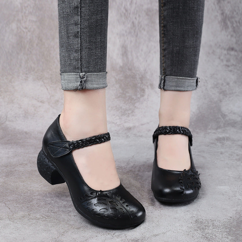 Women's Style Cowhide Shallow Mouth Four Pumps Thick Mid Casual Shoes