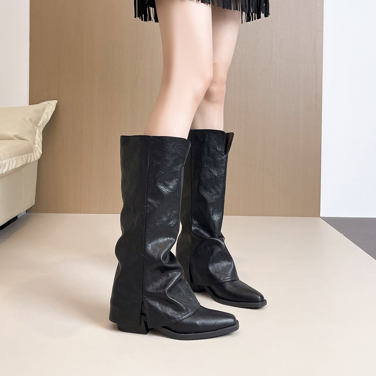 Chunky Long Female High Pointed Pile Pants Tube Knight Below Women's Leather Boots