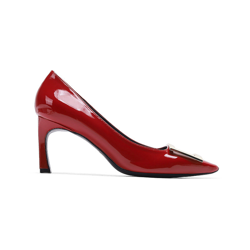 Women's Spring Patent Square Buckle Chunky Mid Women's Casual Shoes