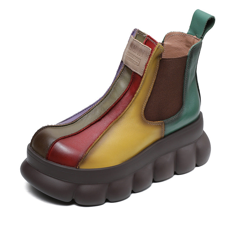 Women's Platform Wedge Rainbow Round Toe Top Layer Boots