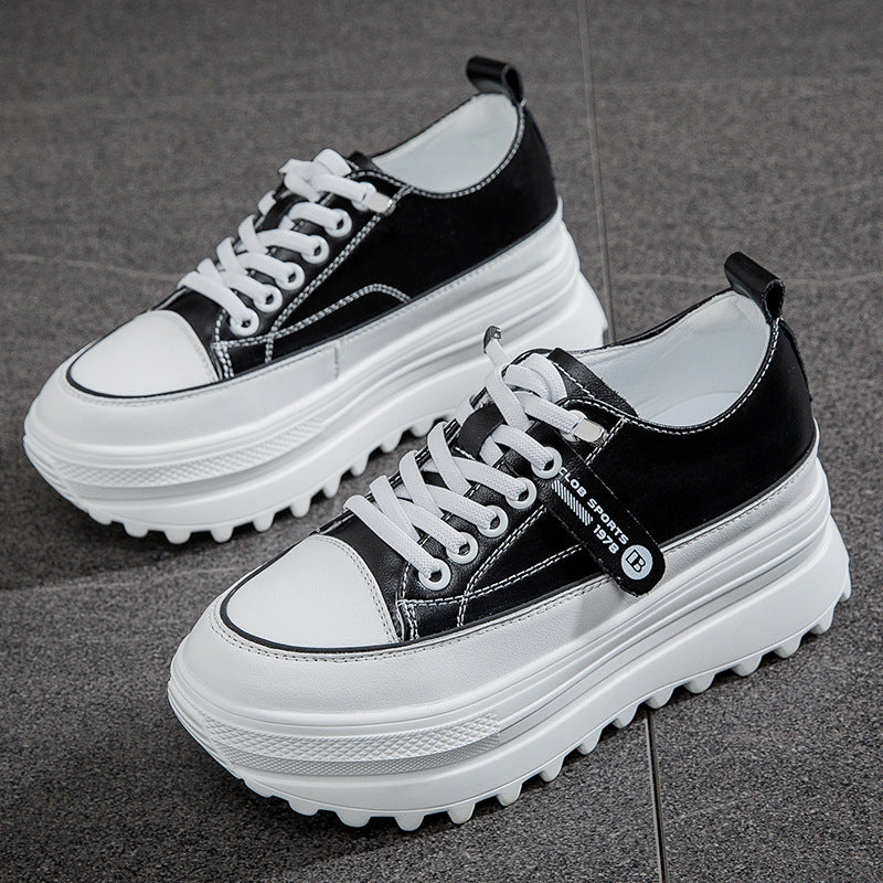 Women's Cowhide Low-cut White Thick Bottom Increased Spring Lightweight Exercise Casual Shoes