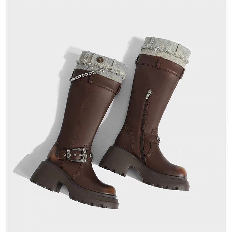 Women's Round Head Thick Bottom Knight Fashionable Stitching Women's Leather Boots