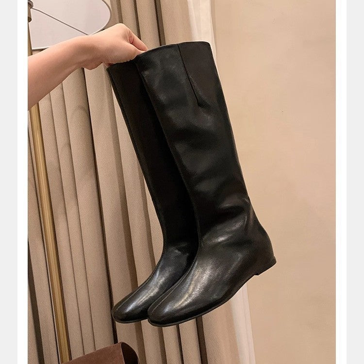 Mom Height Increasing Insole Flat Soft Skinny Long Women's Leather Boots