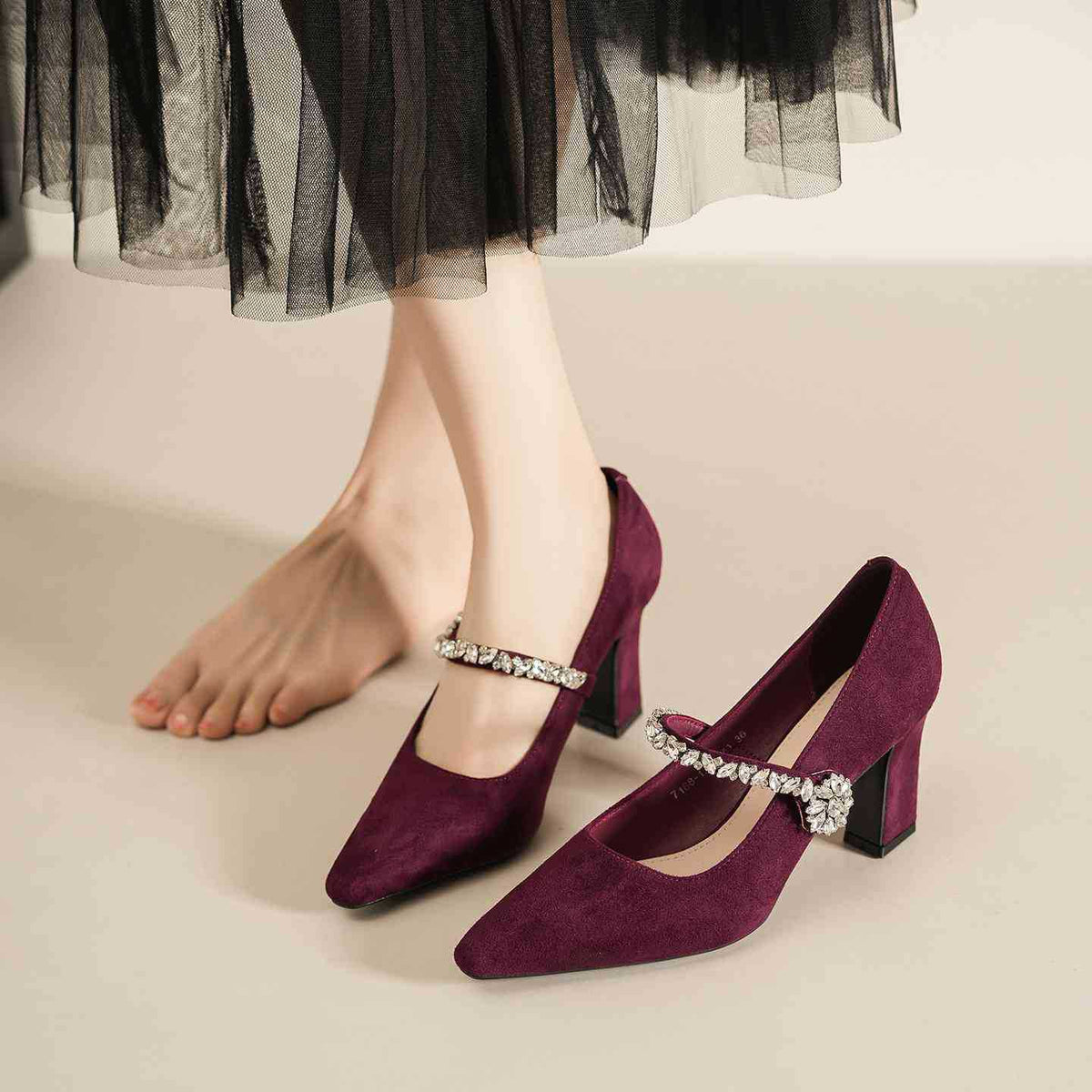 Women's French Style Temperament Crystal Mary Jane High Suede Women's Fashion Shoes