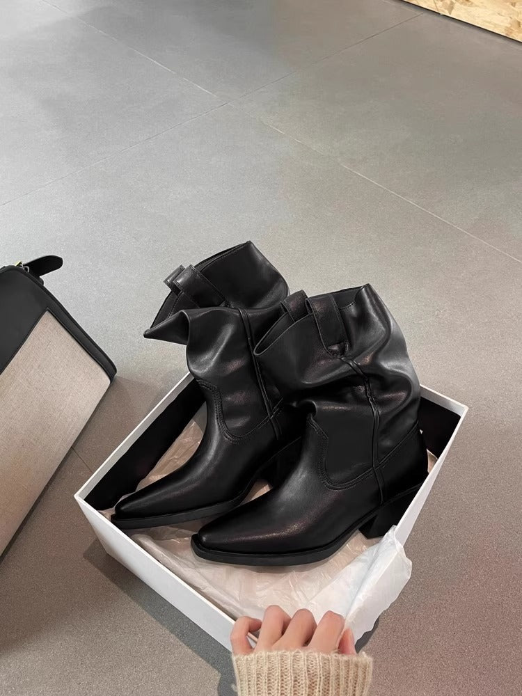 Women's Version Chunky Martin Retro Western Cowboy Pile Style Square Women's Leather Boots