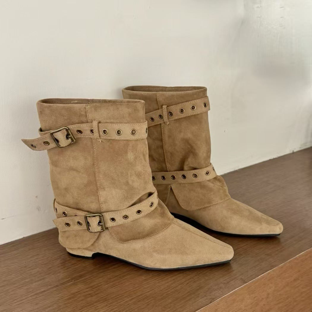 Women's Suede Square Toe Pantyhose For Western Cowboy Knight Women's Leather Boots