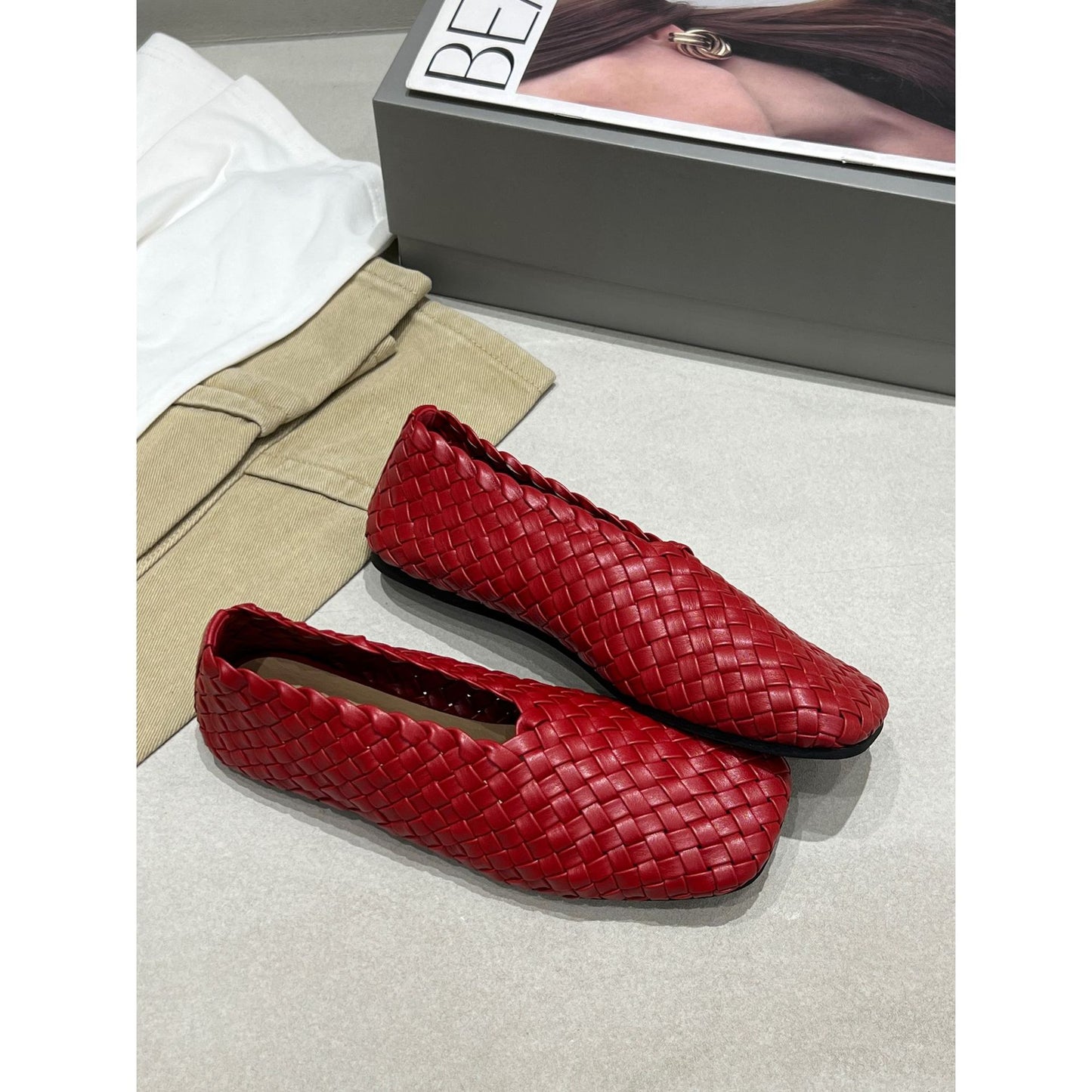 Women's Spring Woven French Retro Outer Wear Square Toe Korean Style Women's Casual Shoes