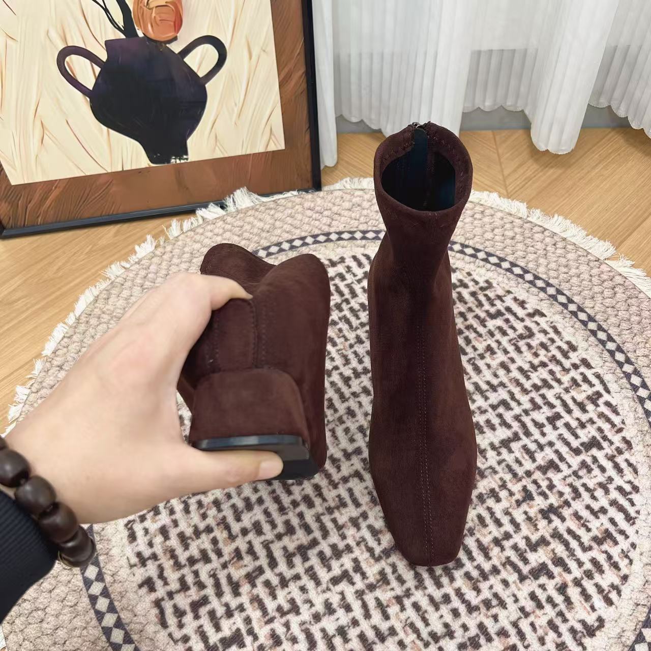 Minimalist Skinny Female Temperament Square Toe Chunky Height Increasing Insole Women's Leather Boots