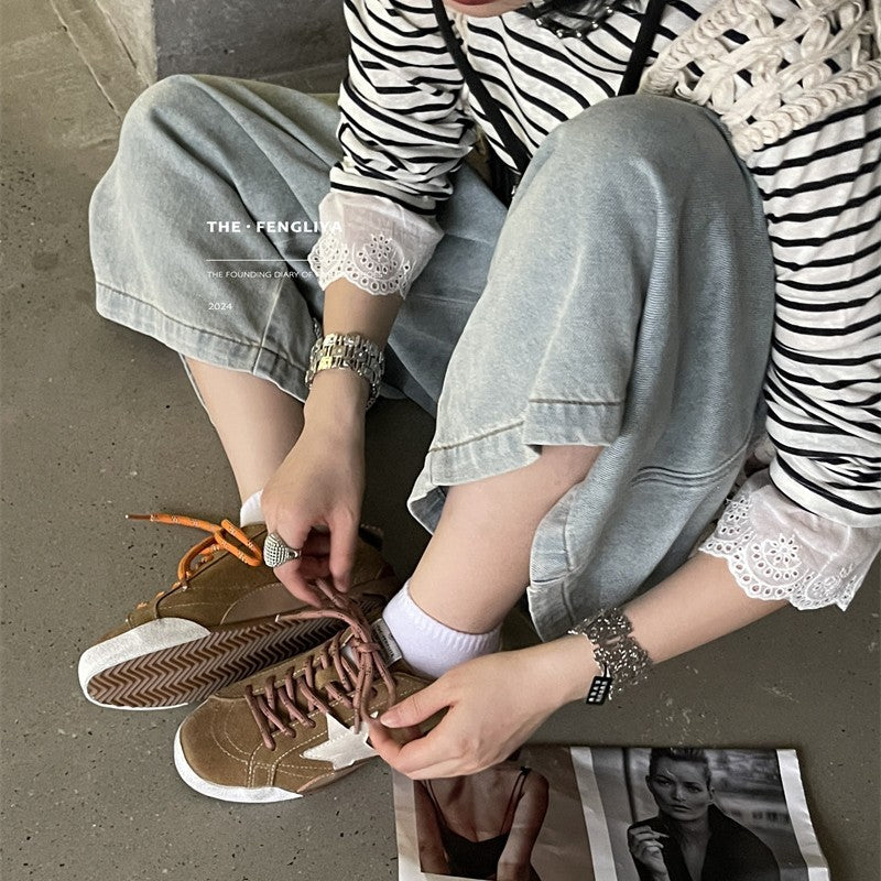 Toe Vintage Korean Style Golden Goose Trendy Cowhide Distressed Breathable Women's Sports Shoes