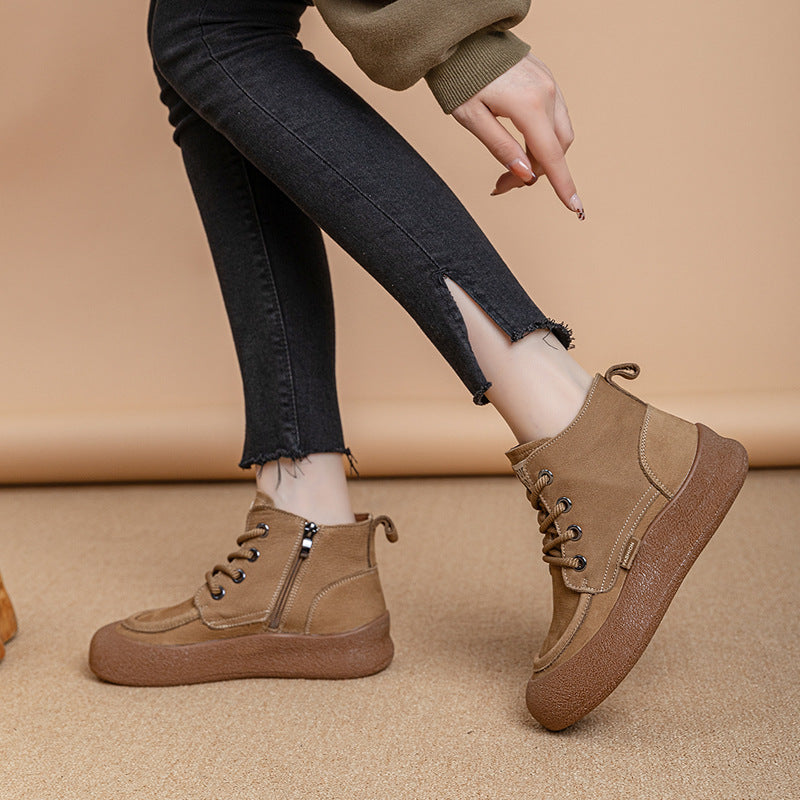 Women's First Layer Cowhide Frosted Handmade Retro Platform Side Boots