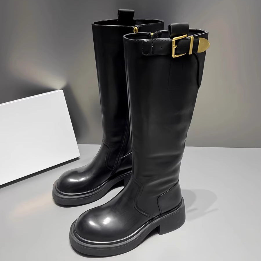 Women's Widened Metal Buckle Knight Fleece-lined Black Round Chunky Women's Leather Boots