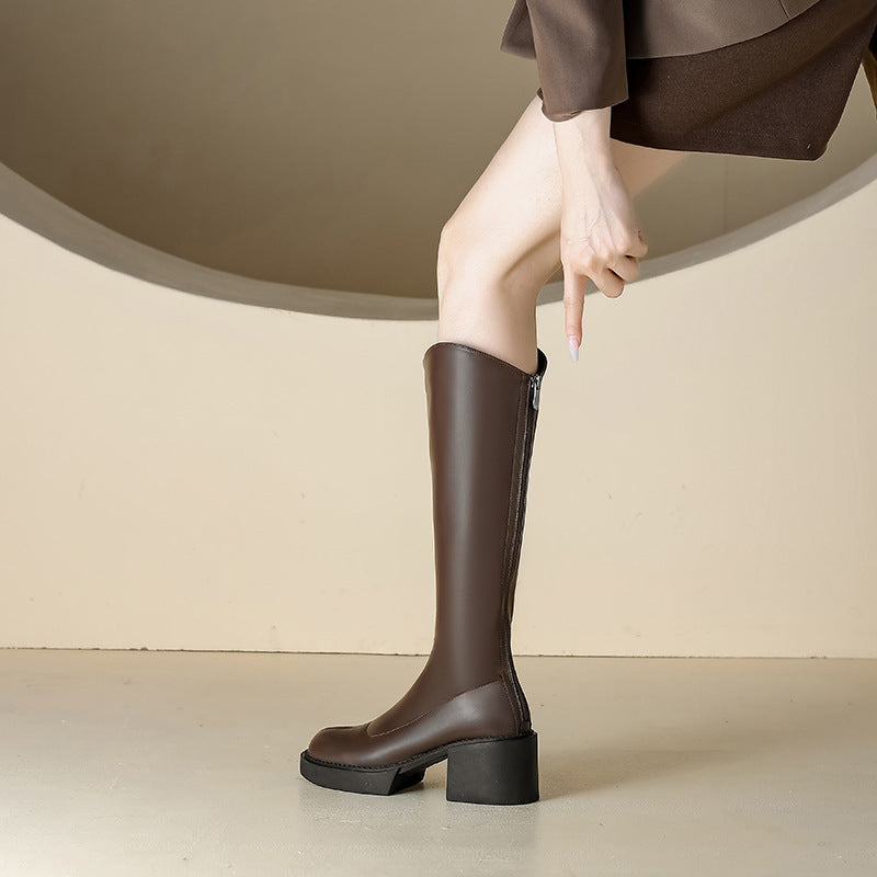 Women's High Thick Bottom Small Size Below The Knee Fat Women's Leather Boots