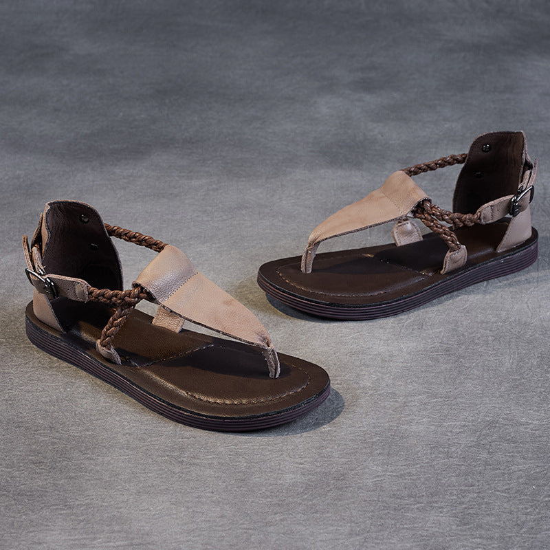 Handsome British Style Genuine Open Toe Handmade Flat Sandals