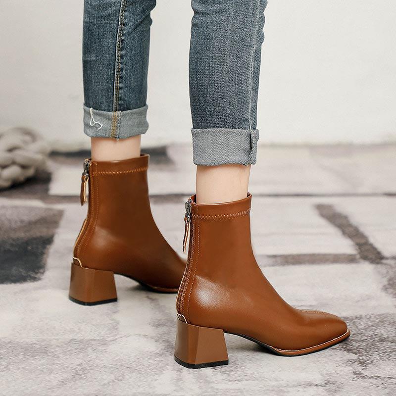 Women's Thin Fleece-lined French Style Booties Chunky Boots