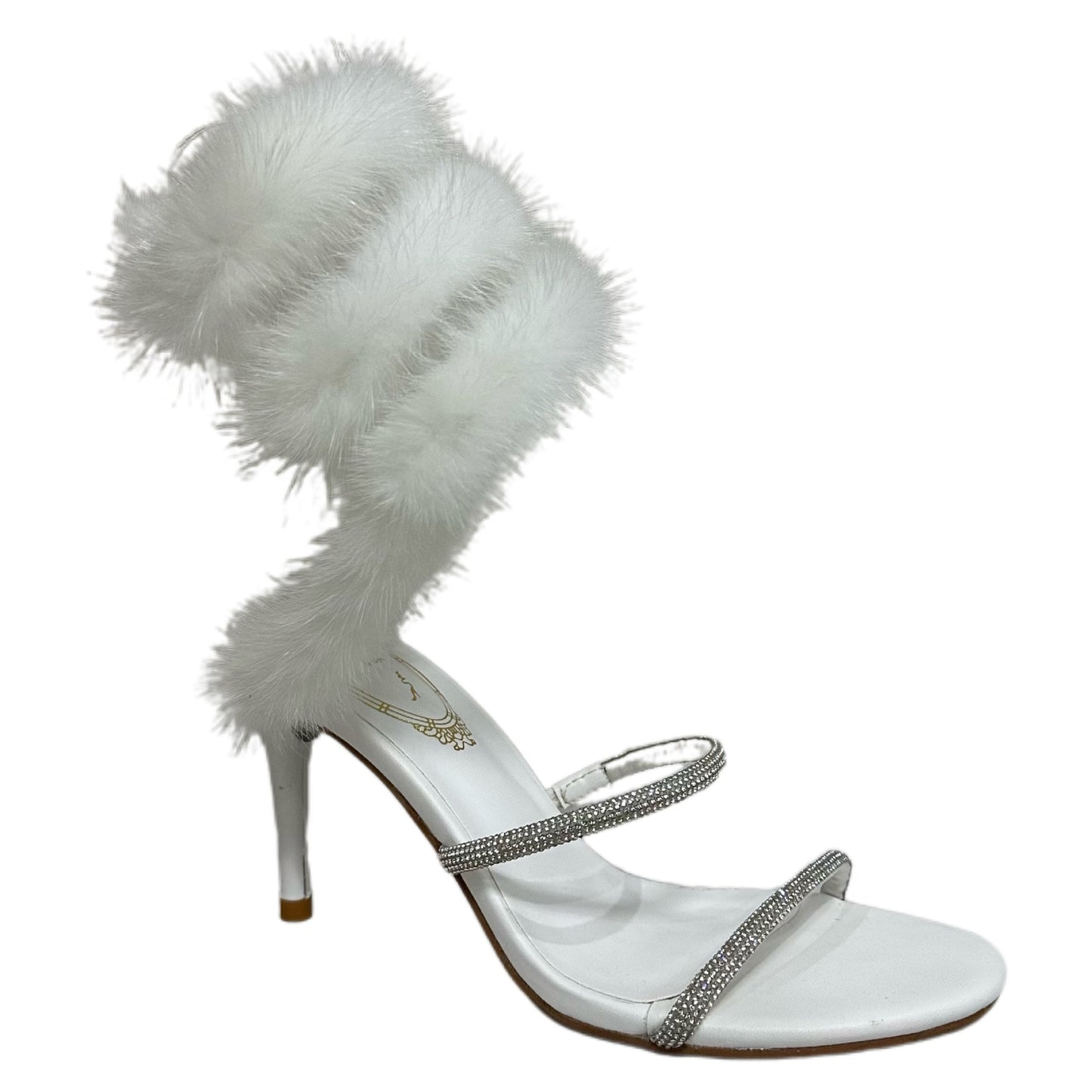 Women's Summer Stiletto Pure Desire Sexy Rhinestones Round Toe Furry High Heeled Sandals