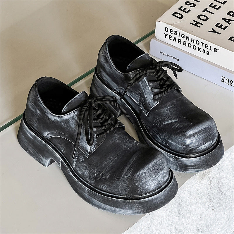 Men's Platform Round Toe Mid Muffin Black Men's Casual Leather Shoes