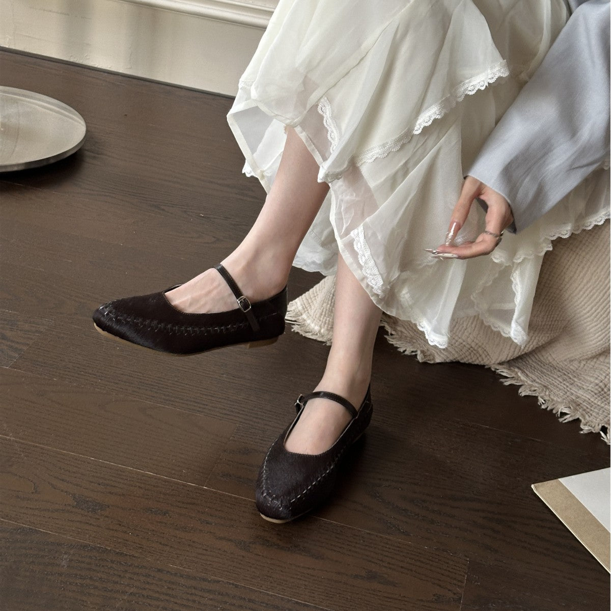 Women's Low-cut Cowhide Horsehair Mary Jane Flat Soft Bottom Buckle Commute Women's Fashion Shoes