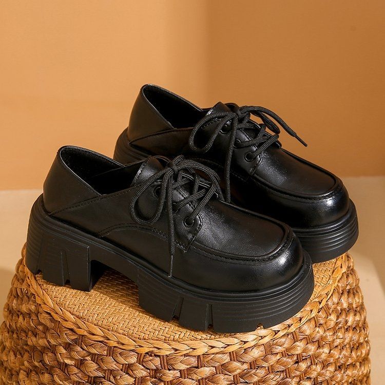 Women's Platform Black Chunky Height Increasing Commuter French Pumps British Women's Fashion Shoes