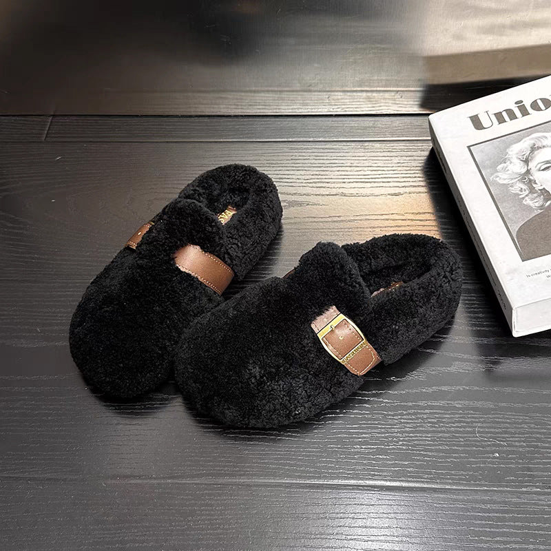 Women's Bottom Lamb Wool Woolen Toe Cap Outer Wear Slip-on Sandals