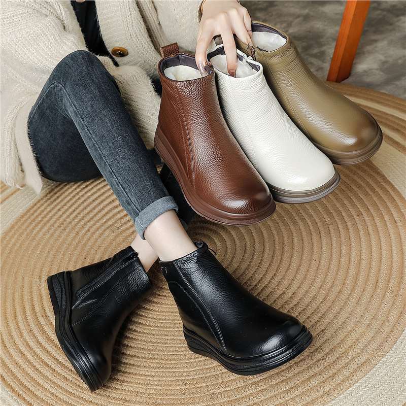 Cowhide Winter Fat Feet Mom Short Wedge Platform Wool Genuine Boots