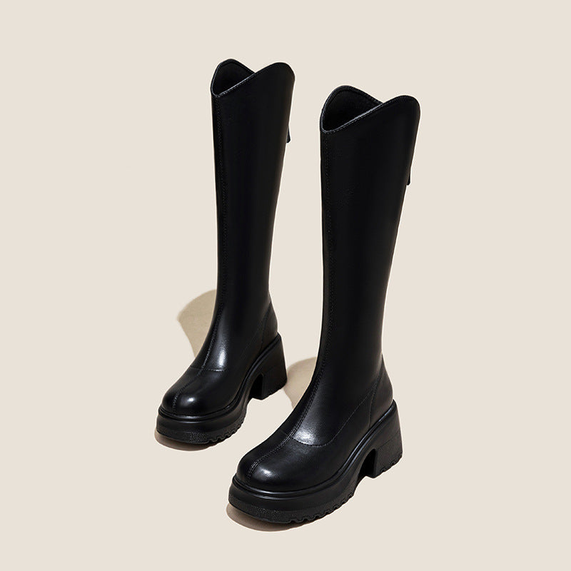 Women's Small Height Increased Thick Bottom Chunky Tall Women's Leather Boots