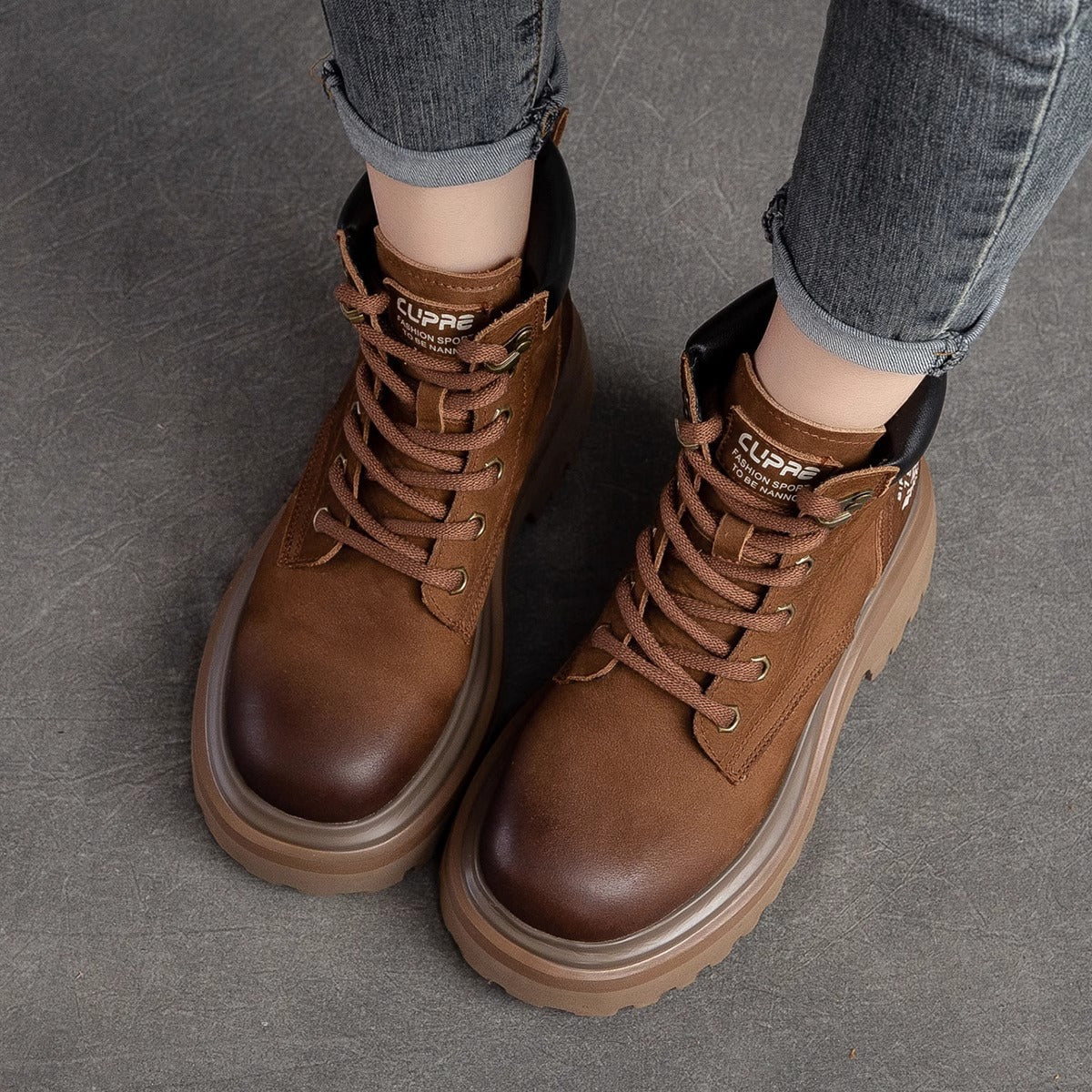 Women's Genuine Thick-soled British Style Martin Cowhide High Worker Vintage Fleece-lined Women's Leather Boots