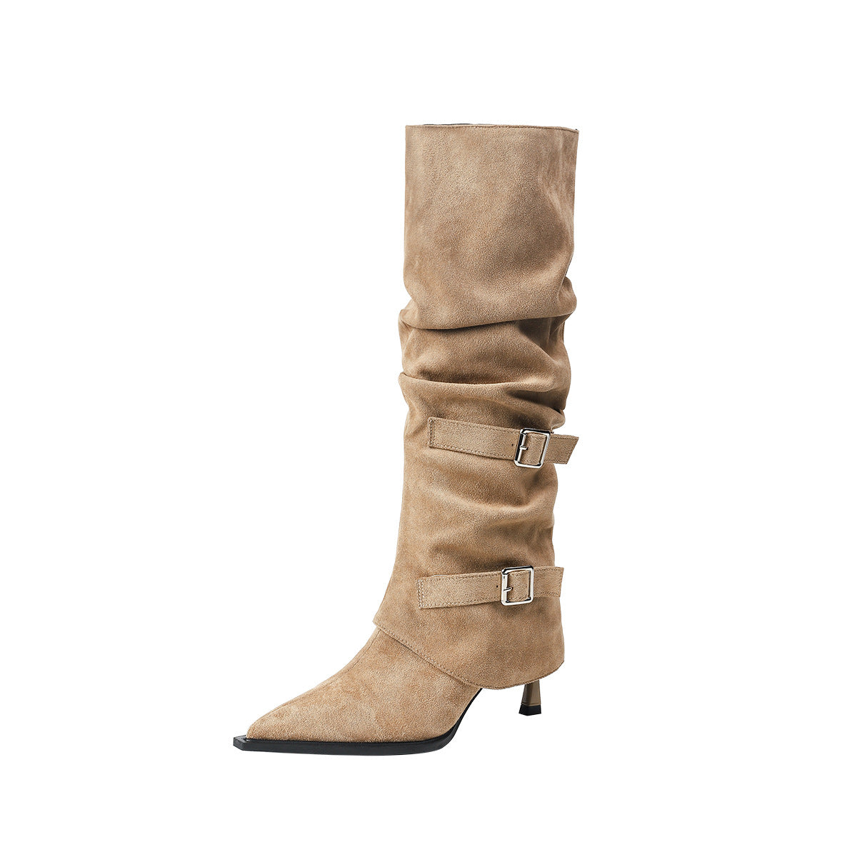 Women's Knee Long Canister Pointed Belt Buckle Two-way Wear High Leg Women's Leather Boots