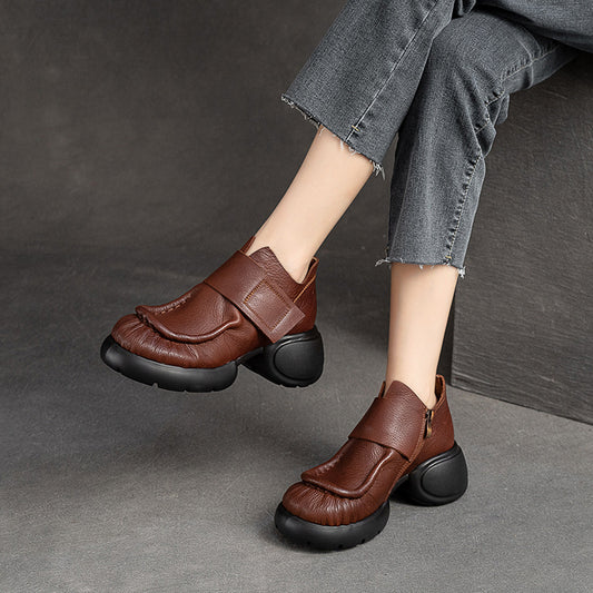 Women's Zipper Ankle Top Layer Cowhide Thick Casual Shoes