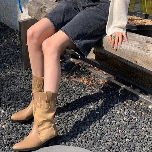 Women's Summer Thin Fashion Stitching Retro Slimming Thick Middle Women's Leather Boots