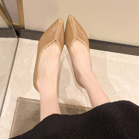 Women's Vintage Spring Genuine Thick Mid Soft V Cut Pointed Toe Women's Fashion Shoes