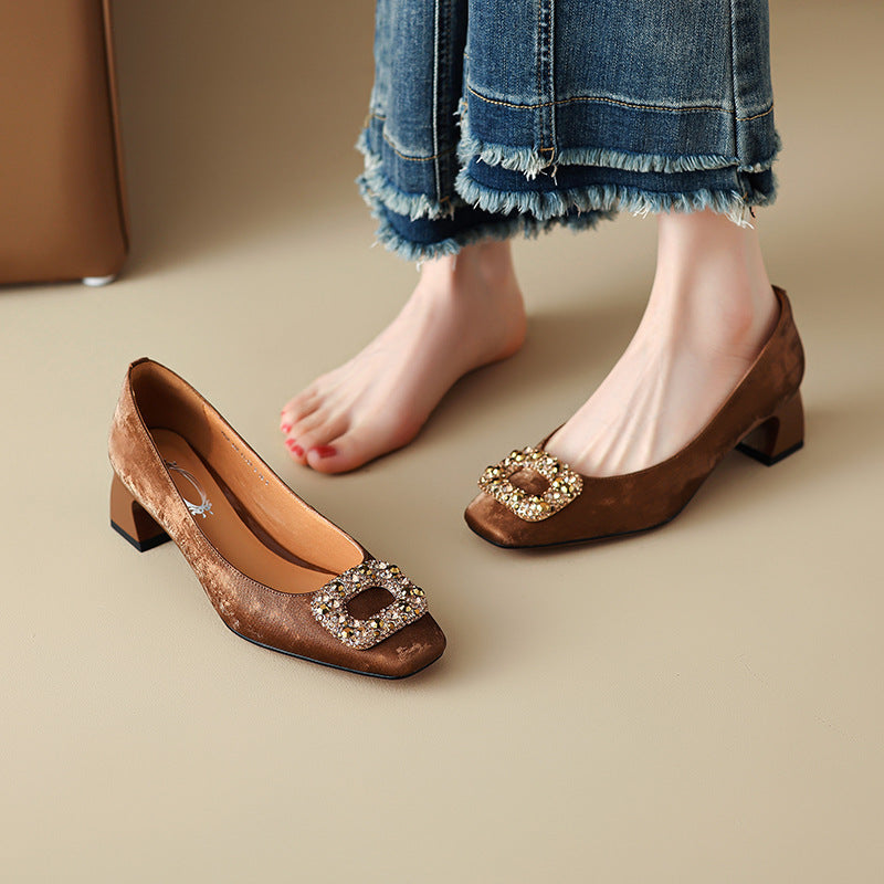 Women's Retro Square Toe Low-cut Genuine Chunky Rhinestone Buckle Slip-on Commuting Heels