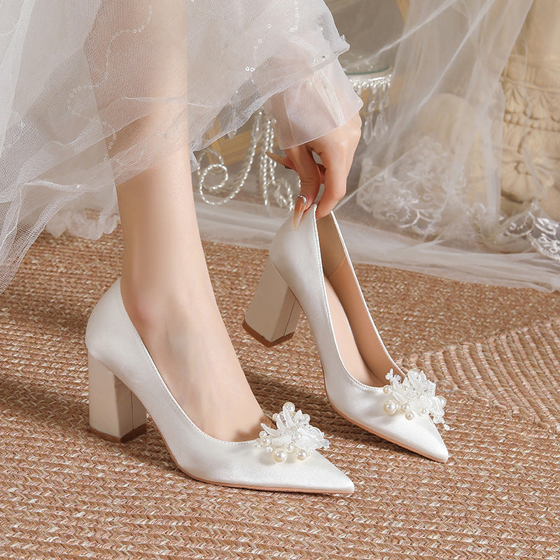 Women's Pearl Decorative Button High Wedding Bride Heels