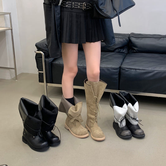 Mouth Foldable Vintage Strap Martin Stitching Large Boots