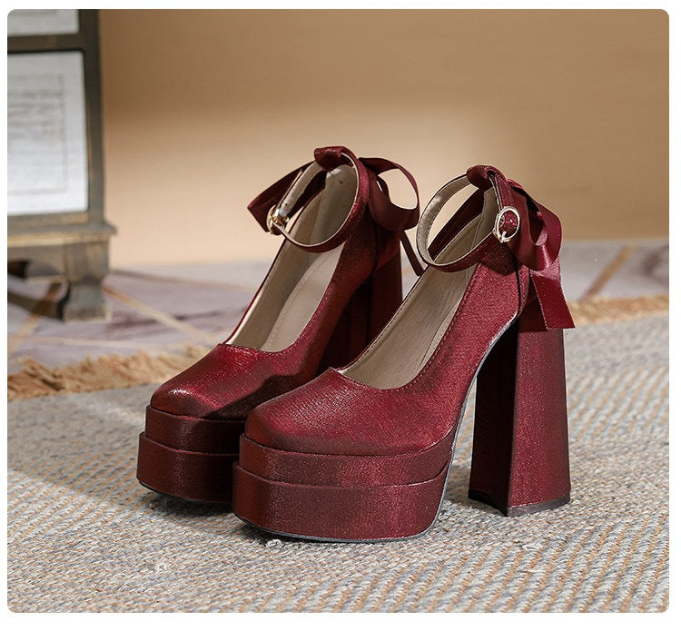 Red Super High Chunky Satin Wedding Dress Women's Fashion Shoes