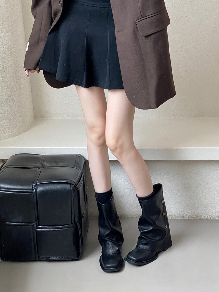 Square Toe Chunky Short Female French Retro Bootie Western Suede Women's Leather Boots