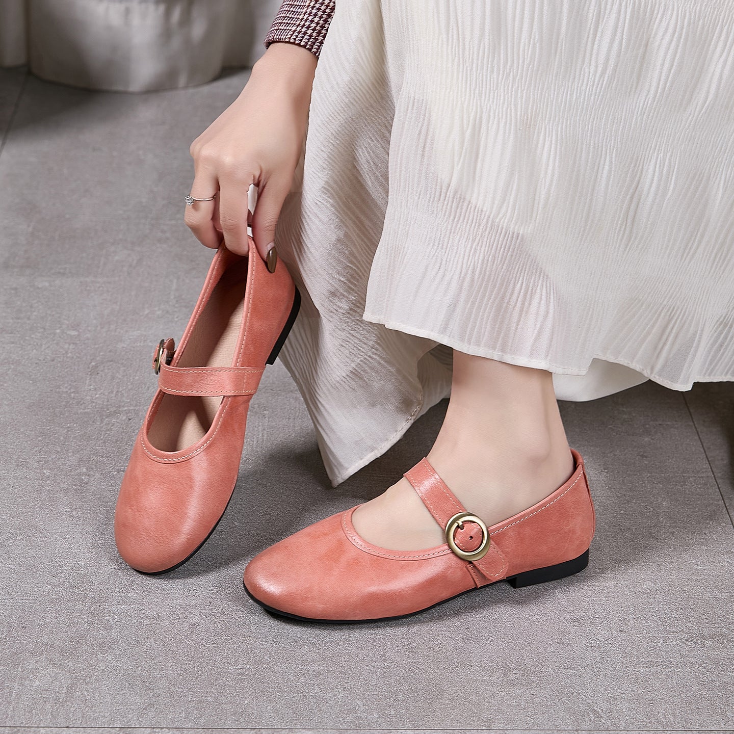 Women's Genuine Mary Jane Pointed Buckle Pink Soft Bottom Women's Casual Shoes