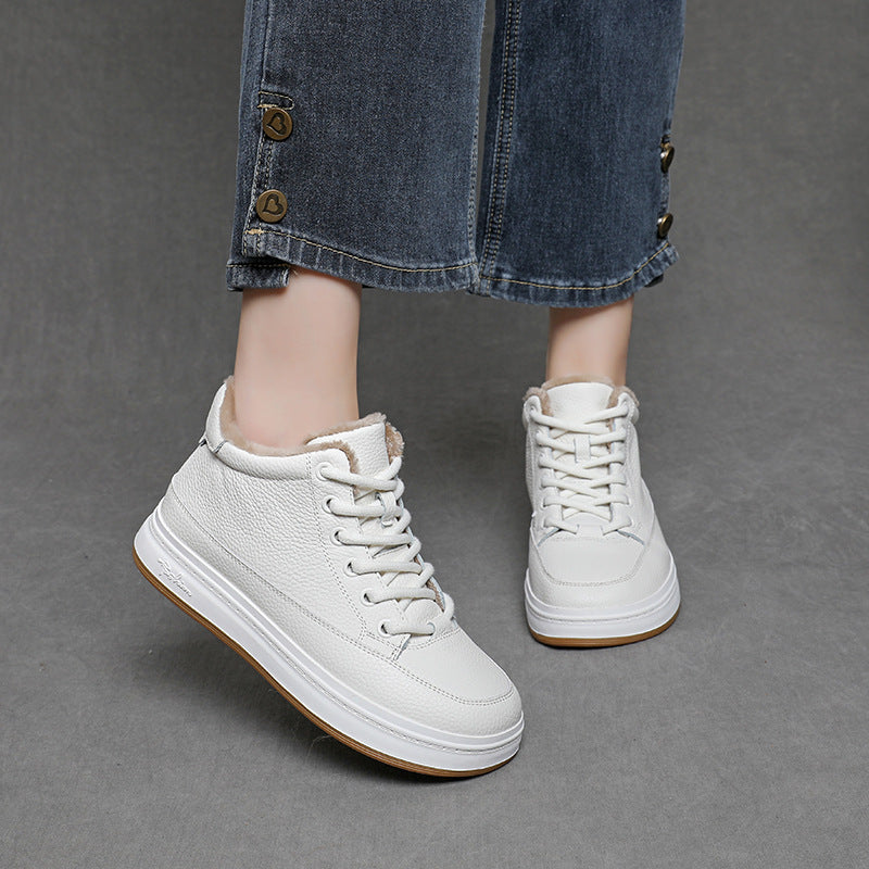 Women's Cowhide Veet High White Warm Flat Bottom Simple Women's Cotton Shoes