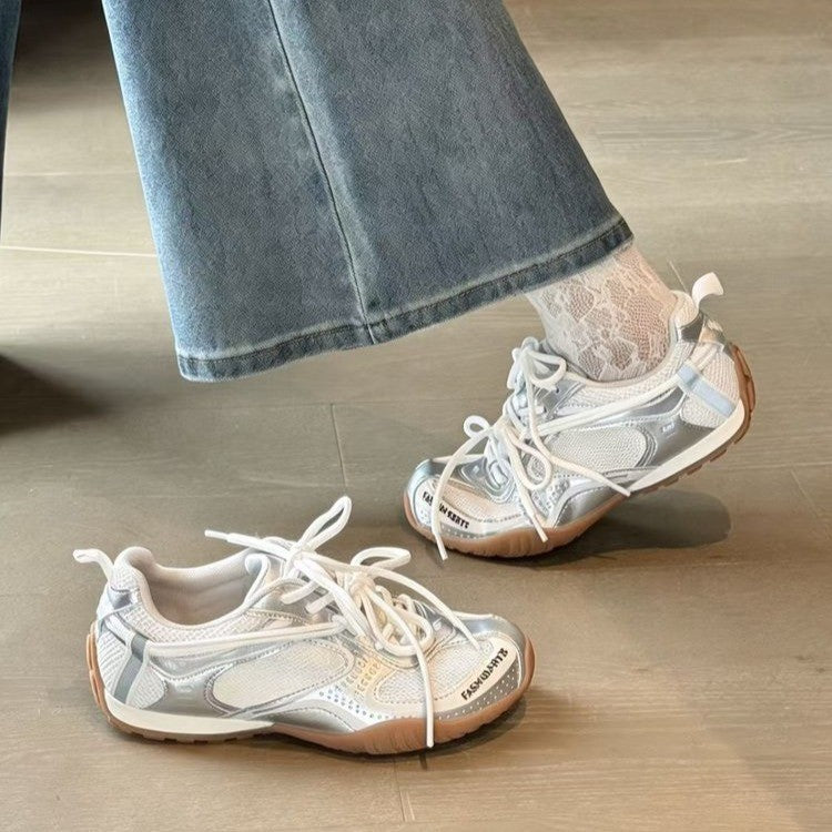 Women's Mechanical Style Sier Mesh German Training Spring Versatile Lace Up Casual Shoes