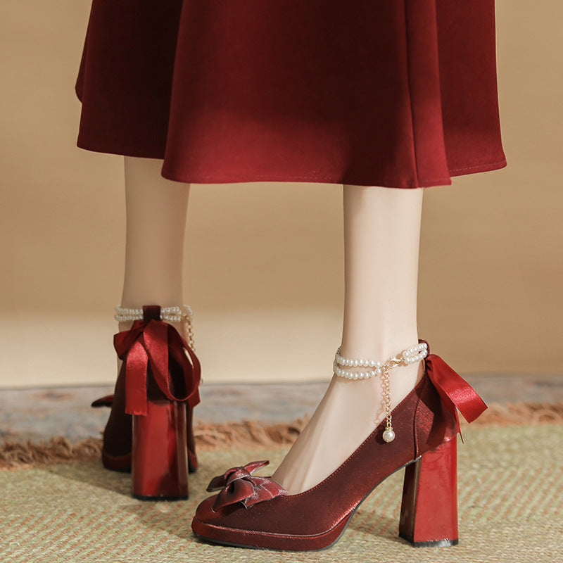 Women's Spring Red Mary Jane High Chunky Chinese Style Bridal Women's Fashion Shoes