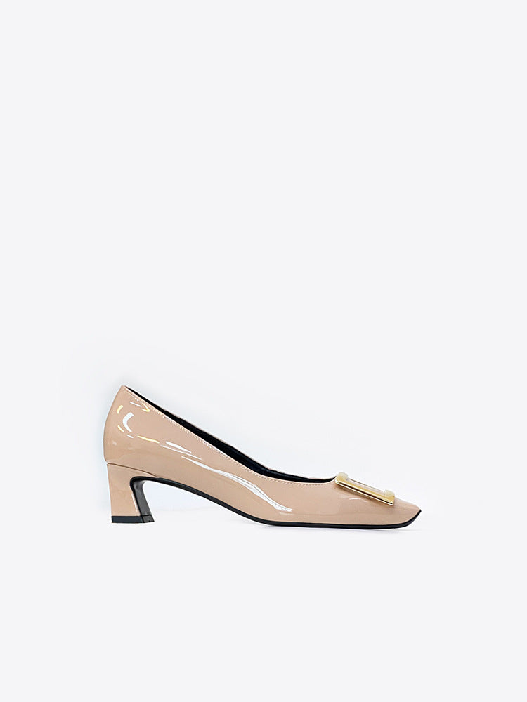 Spring Patent Square Buckle High Medium Chunky Workplace Commuter Shallow Heels