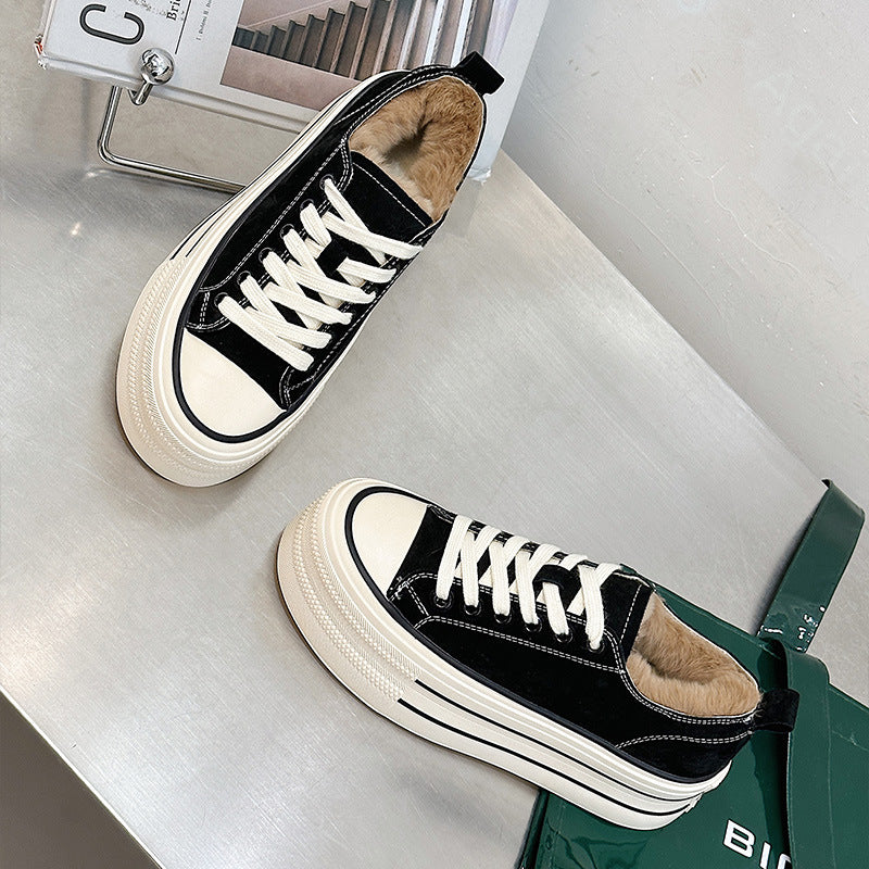 Women's Rabbit Fur Mouth Fleece-lined White Winter Platform Frosted Round Head Women's Casual Shoes