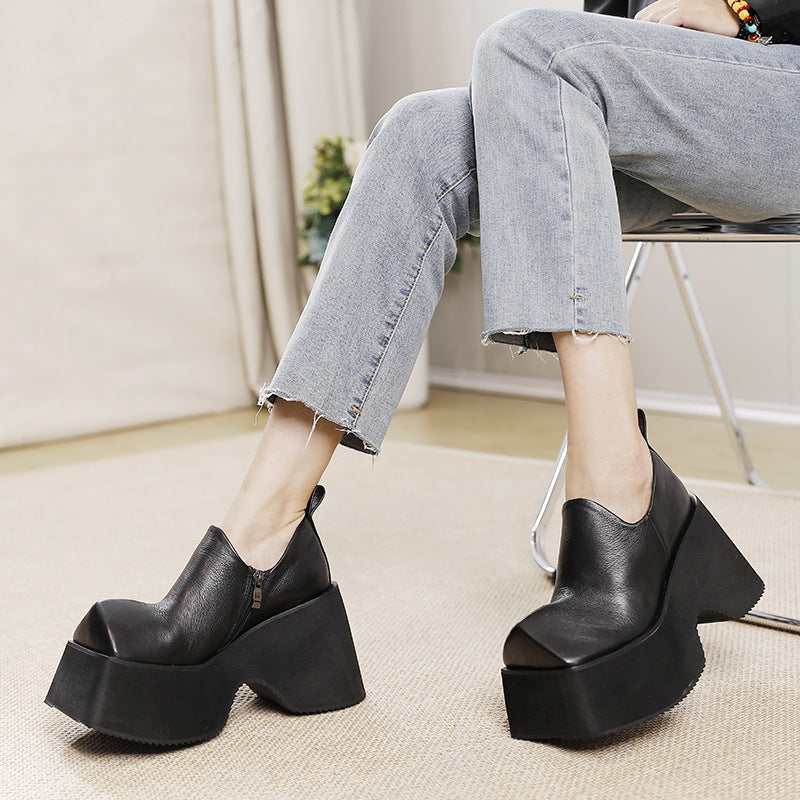 Retro Square Head Solid Color Genuine Platform Female Women's Fashion Shoes