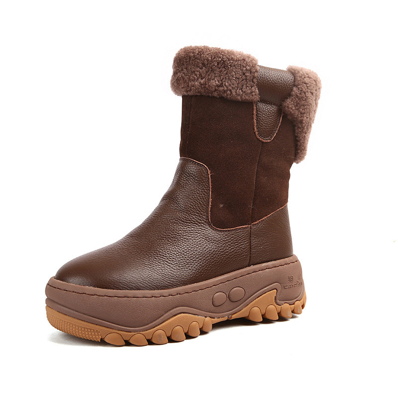 Women's First Layer Cowhide Winter Platform Plus Women's Snow Boots