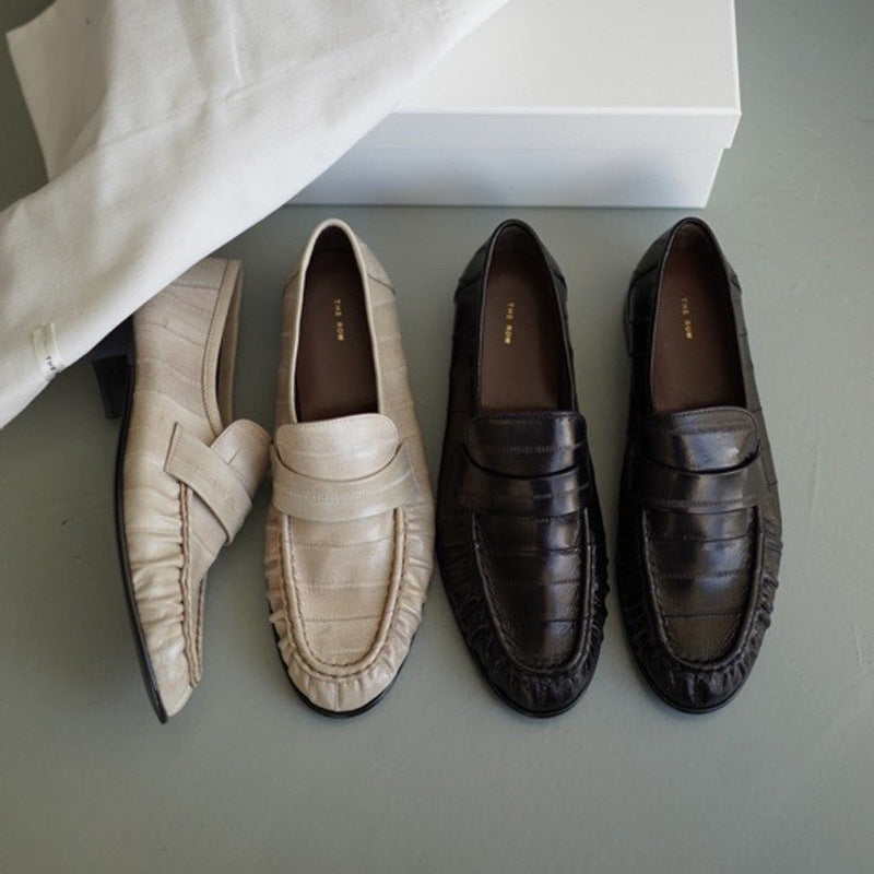 Women's Eel Skin Vintage Crumpled Low-cut Flat Pumps Commuter Small Loafers