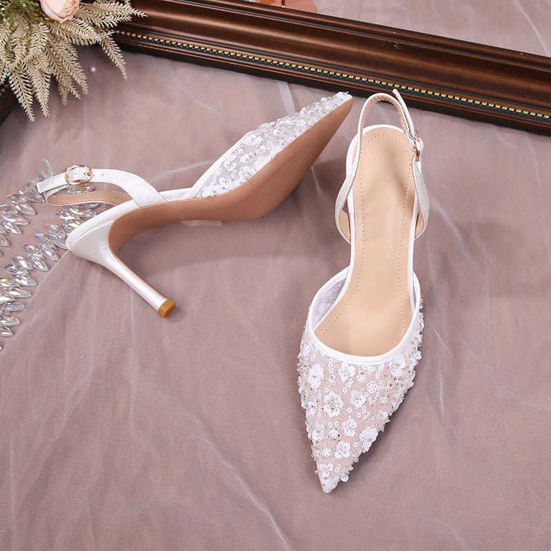 Women's Front Bag Back Strap French Joker Lace Hollow Lady High Heeled Sandals